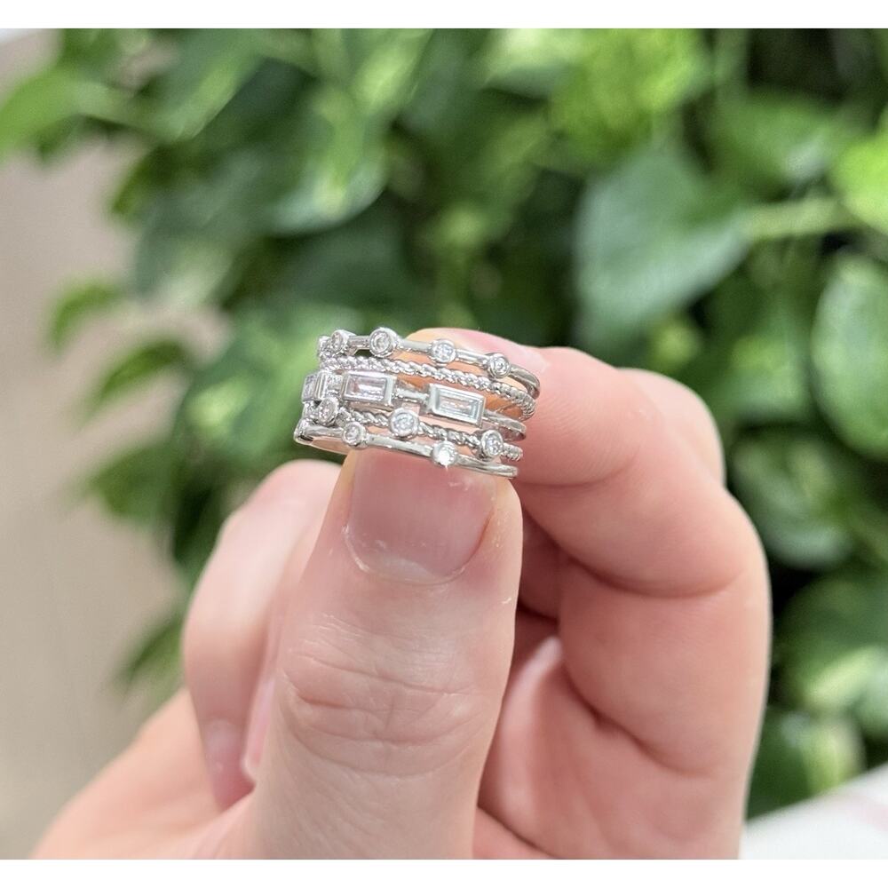 Silver Cz Muli Layer Statement Ring, Rhodium Plated Adjustable, Stack Style